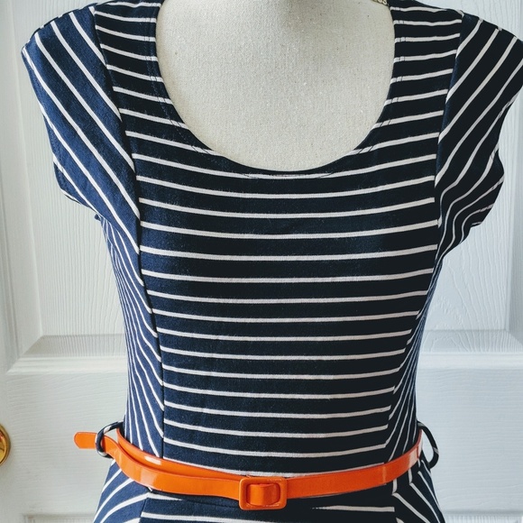 Modcloth Navy & White Striped Dress w/ Orange Belt - Picture 3 of 4